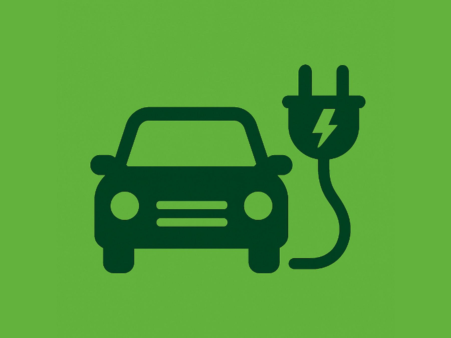 Ein grünes Symbol eines Autos neben einem Stromstecker mit einem Blitzsymbol, das Elektrofahrzeuge oder das Aufladen von Autos darstellt.